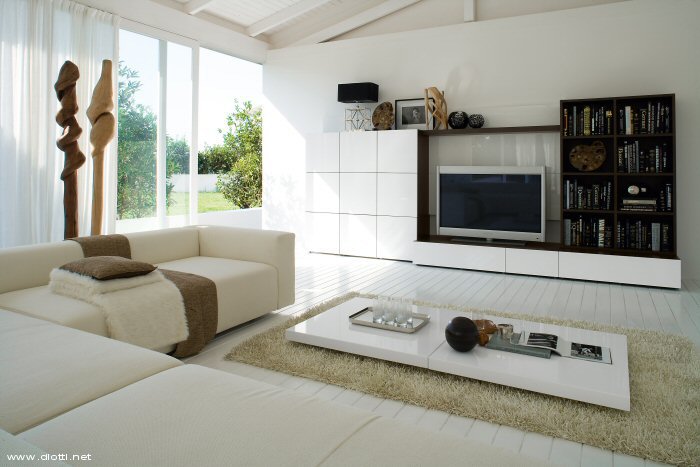 Warm Landscape mobile soggiorno rovere scuro e laccato bianco lucido con libreria